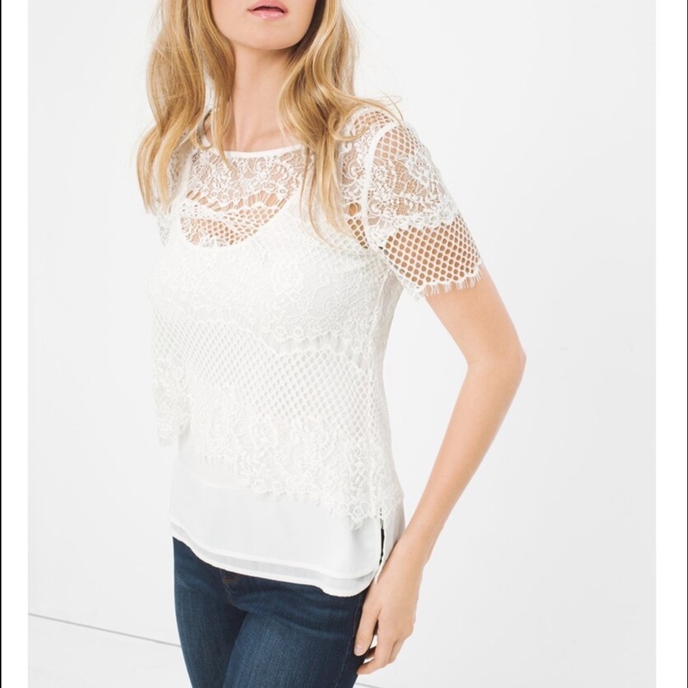 White House Black Market Blouse Layered Crochet Lace Top XS